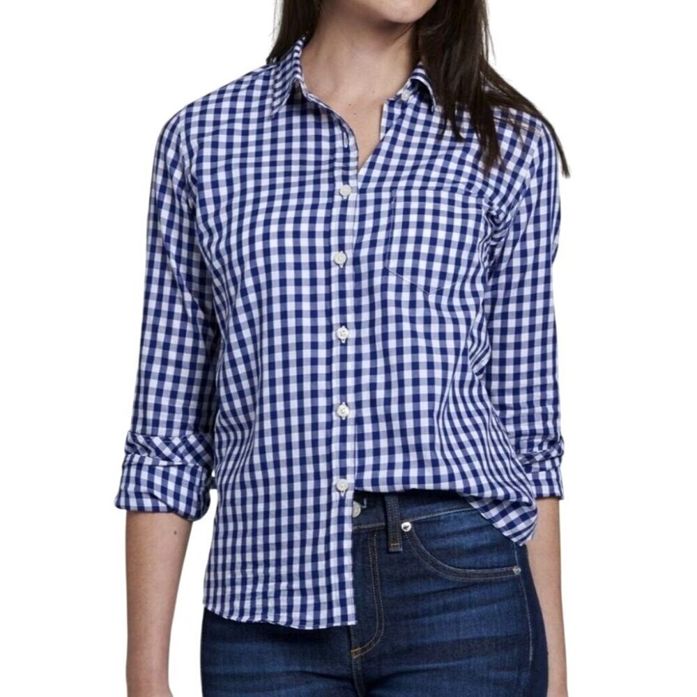 Untuckit Shirt Women 2 Blue White Cotton Gingham Plaid Collared Button Down NWT